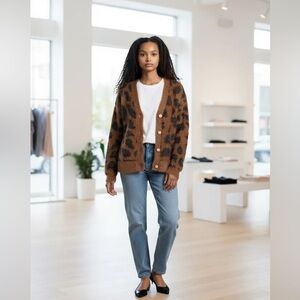 Thread Left Brown Animal Print Sweater SZ‎ M Women Knit Cardigan Soft Fuzzy Boho